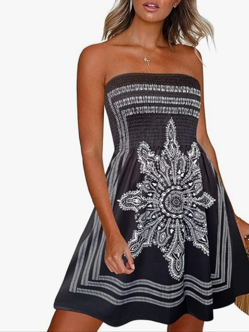 Women's Strapless Navy Blue Printed Summer Dress